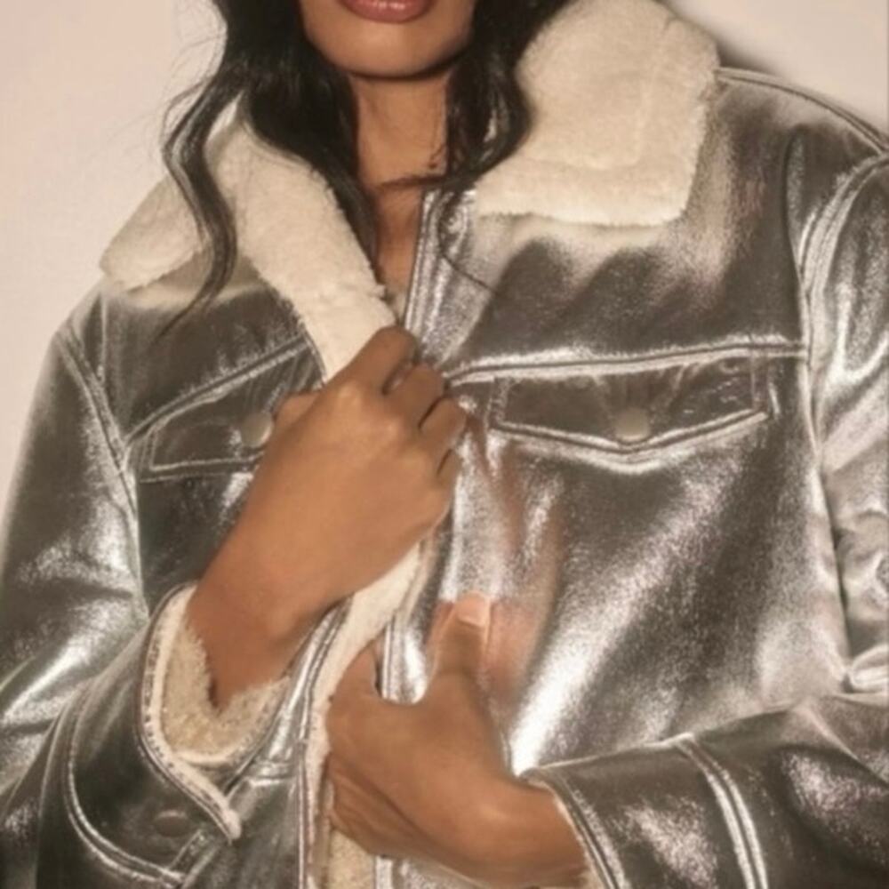 7 For All Mankind Silver Faux Shearling Coat Jacket (M) winter coat New NWT